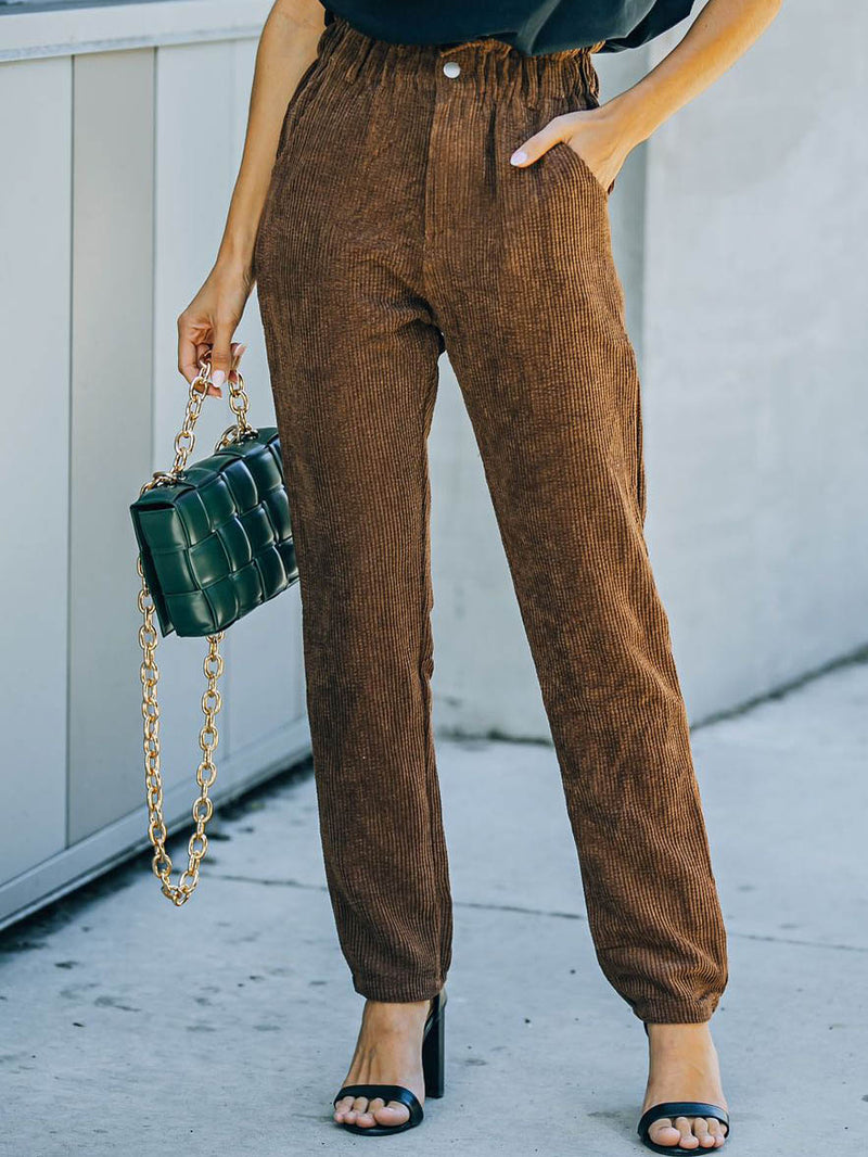 Zip Up Elastic Waist Long Curduroy Pants