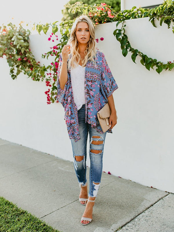 Floral Print Front Open Short Sleeve Cardigan - Landing Closet