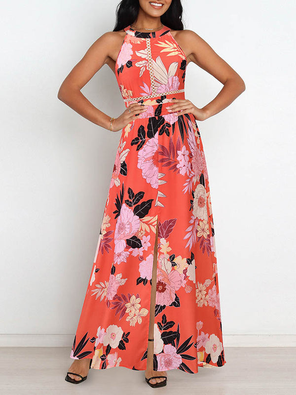 Halter Neck Cross Back SleevelessFloral Maxi Dress