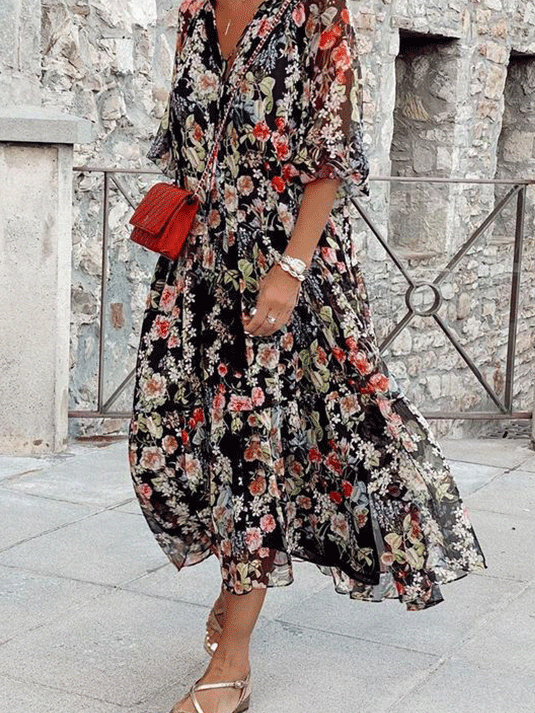 Casual V Neck Short Sleeve Floral Maxi Dress