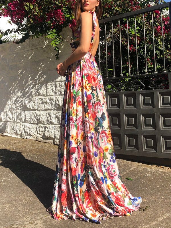 Adjustable Straps Backless Floral Deep V Neck Long Maxi Dress