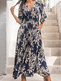 Ruffle Short Sleeve V Neck High Waist Floral Maxi Dress