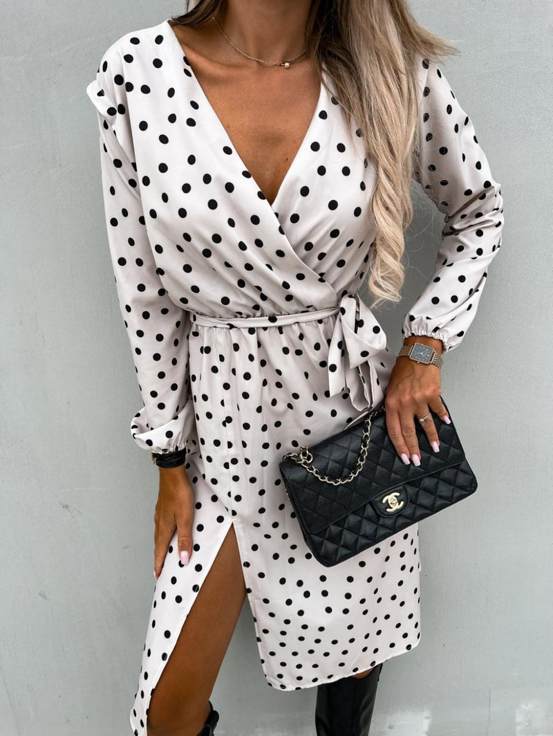 Polka Dot Long Sleeve Deep V Neck Side Split Dress