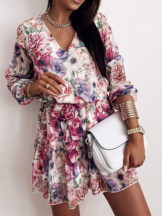 Floral Design Ruffle Hem V Neck Long Sleeve Dress