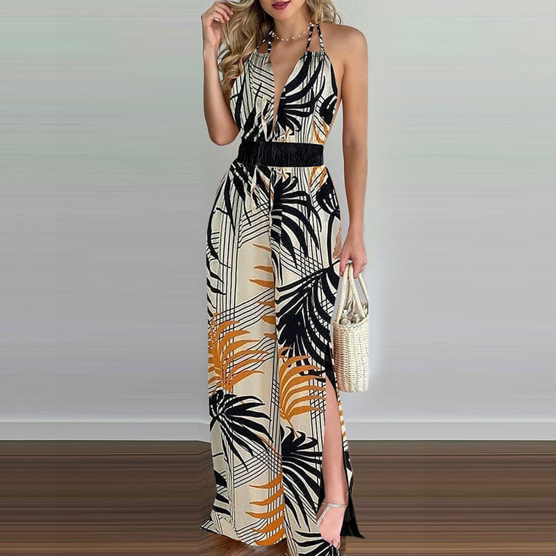 Double Spaghetti Strap Sleeveless Leaf Print Jumpsuit