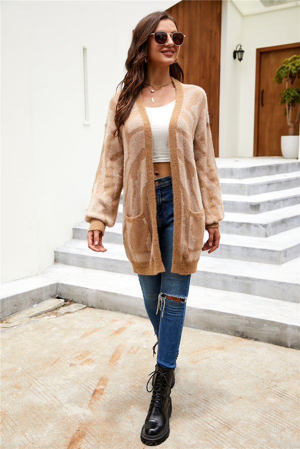 Open Front Long Sleeve Cardigan Top with Pockets