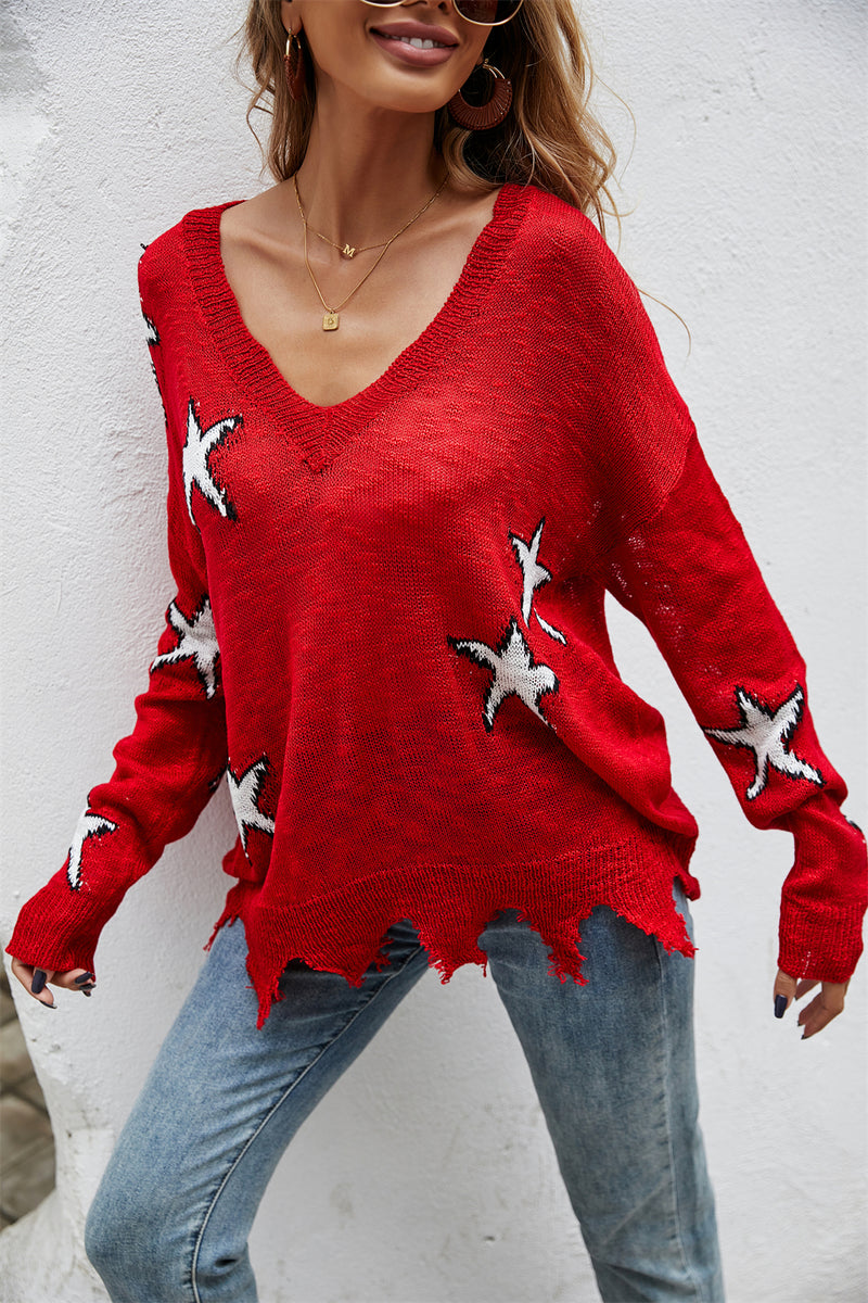 Casual V Neck Long Sleeve Star Print Sweater