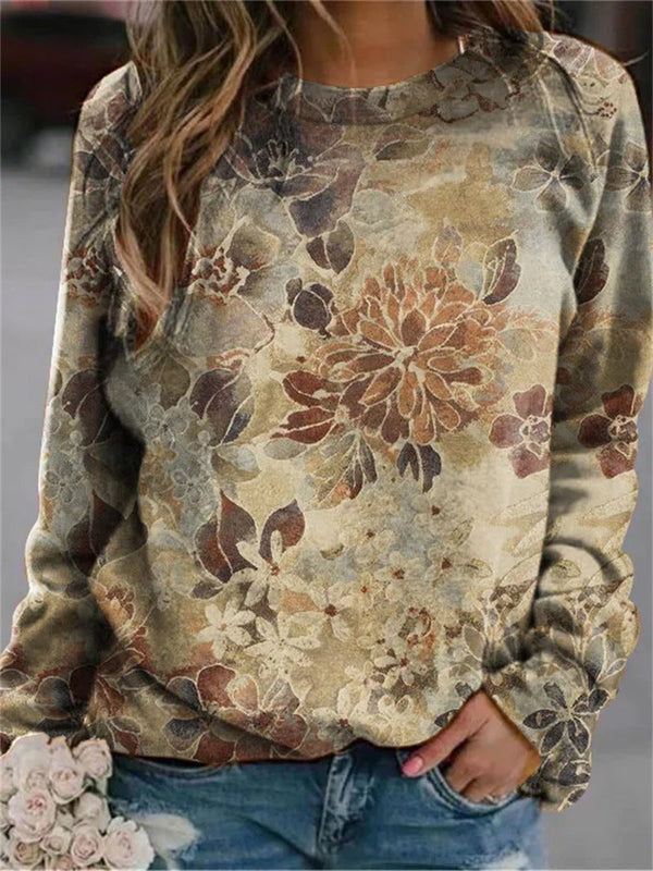 Crew Neck Floral Printed Long Sleeve Sweatshirt