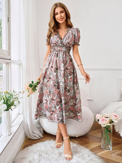 V-Neck Short Sleeve Printed Flared Midi Dress