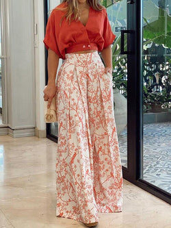 Two Piece Short Top with Long Wide Leg Pants Set