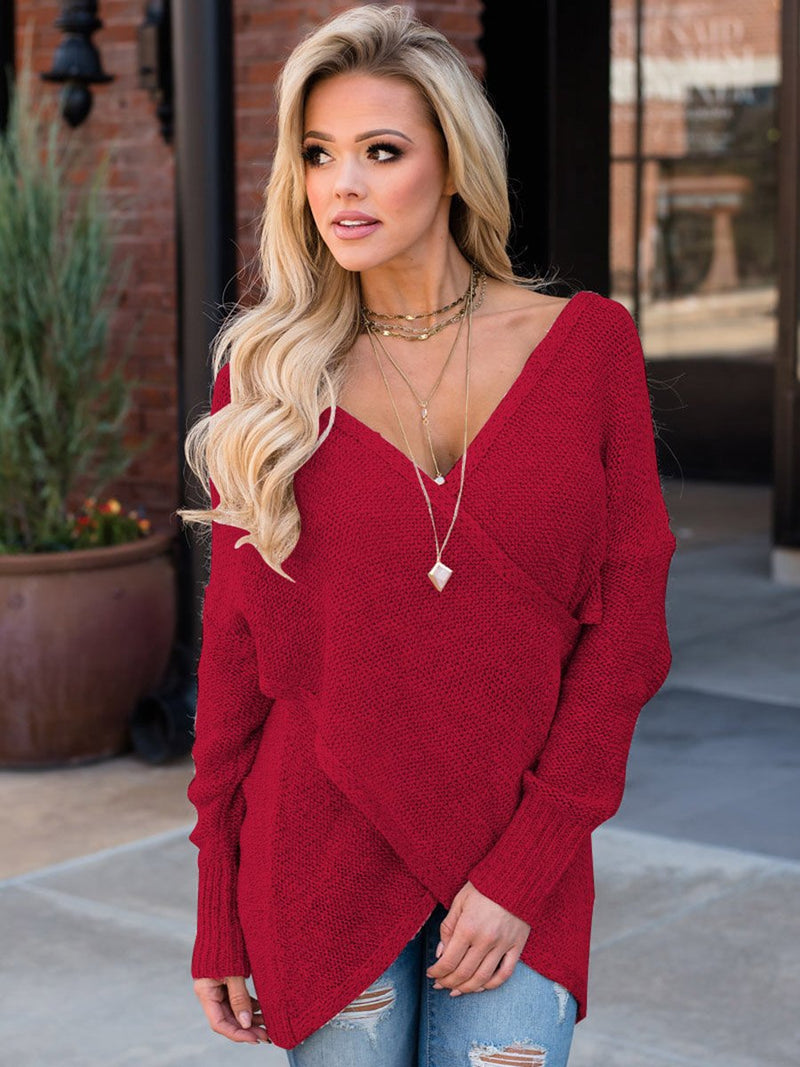 Criss Cross Drape Deep V-neck Sweater Top - Landing Closet