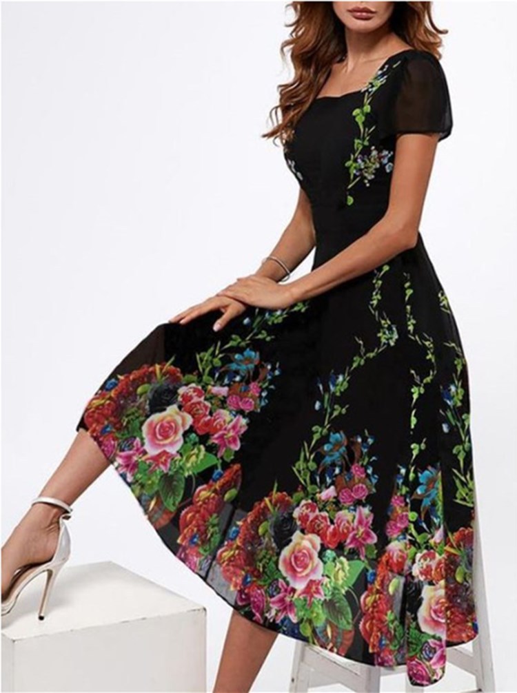 Short Sleeve Square Neck Floral Dress