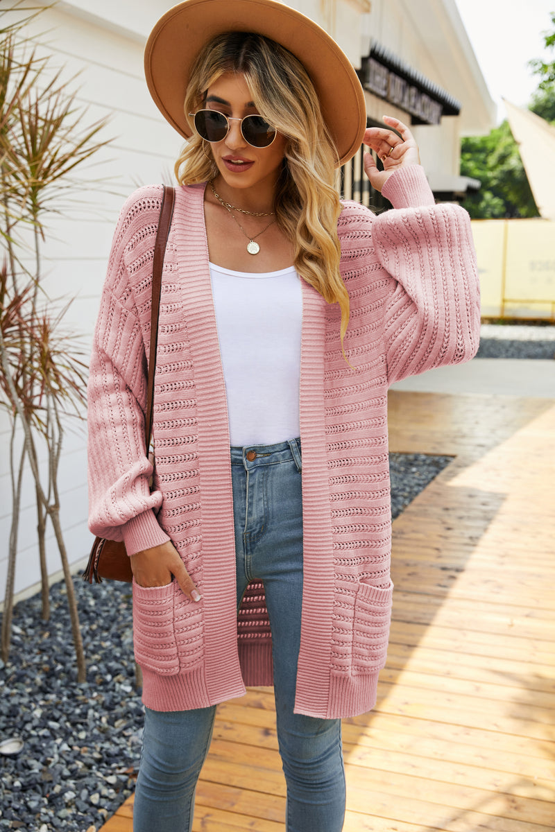 Open Front Pocketed Long Sleeve Knitted Solid Cardigan