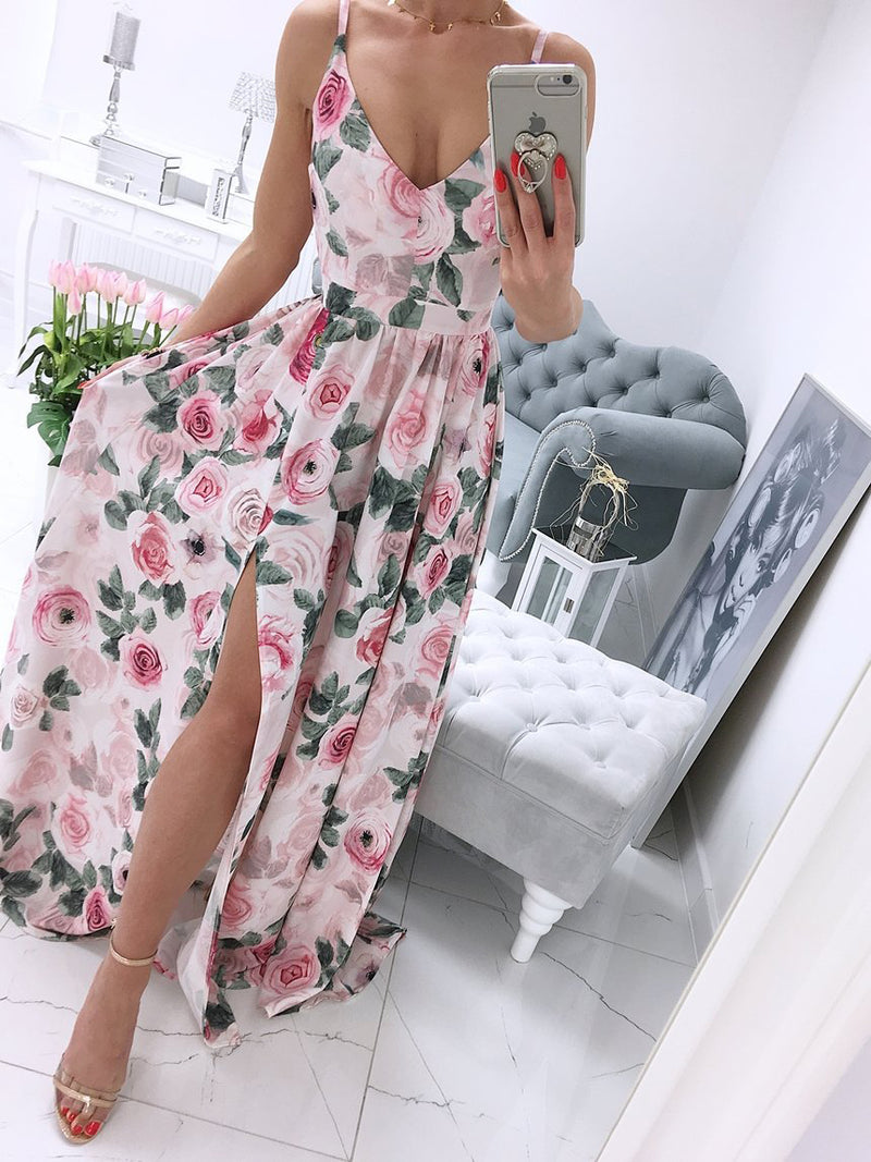 Spaghetti Strap Sleeveless Floral Side Split Maxi Dress