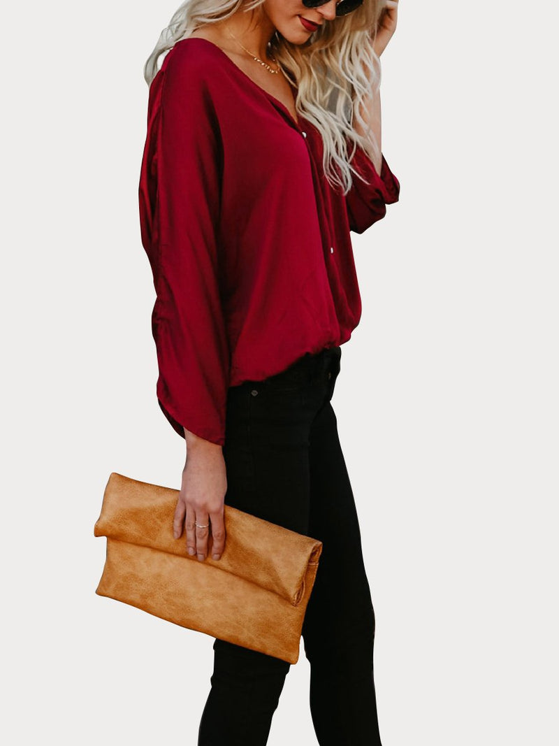 DarkRed Button Down V Neck Casual Blouse - Landing Closet