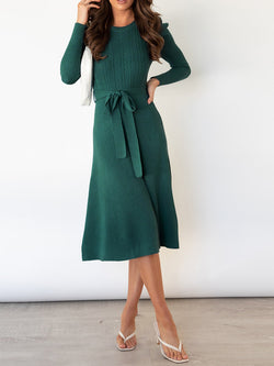 Long Sleeve Crew Neck Tie Waist Bodycon Knit Dress