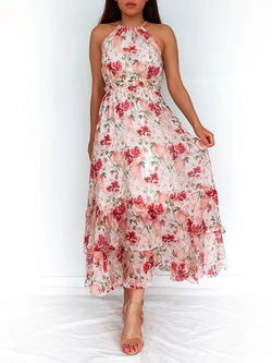 Fashion Sleeveless O-Neck Floral Printed Maxi Dress