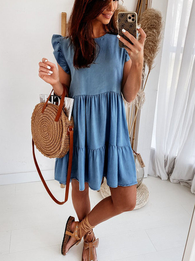 Casual Ruffle Sleeve Round Neck Mini Dress