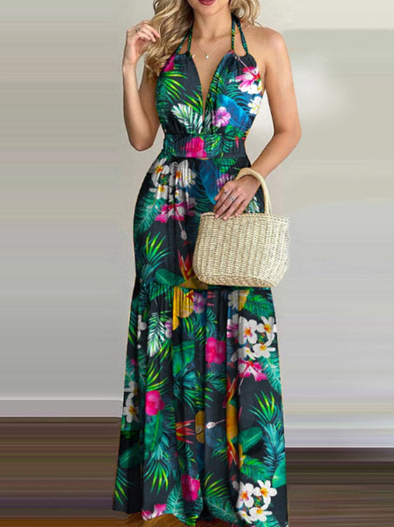 Double Sphaghetti Strap Sleeveless Backless Floral Maxi Dress