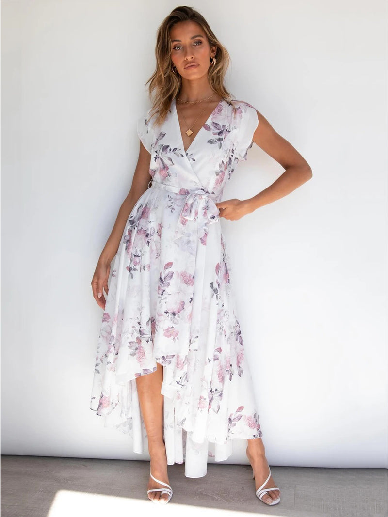 Sleeveless V Neck Tie Waist High Low Floral Maxi Dress