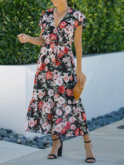 Cap Sleeve V Neck Loose Floral Maxi Dress