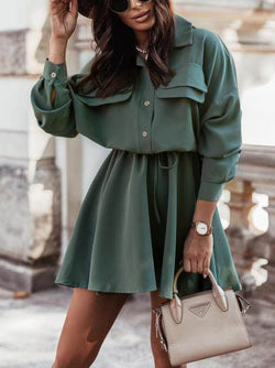 Long Sleeve Button Up Tie Waist Jacket Mini Dress