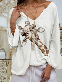 Loose V Neck Graphic Printed Blouse Top