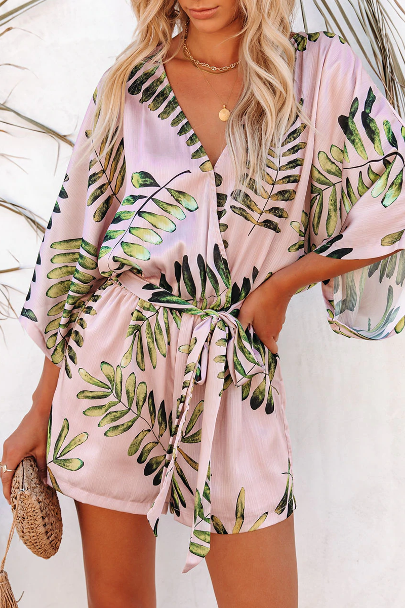 Escape Entirely Satin Palm Print Romper