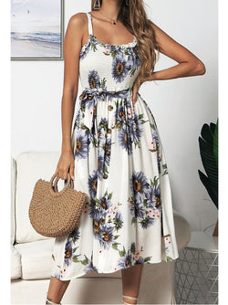 Spaghetti Strap Boho Wrap Waist Floral Midi Dress