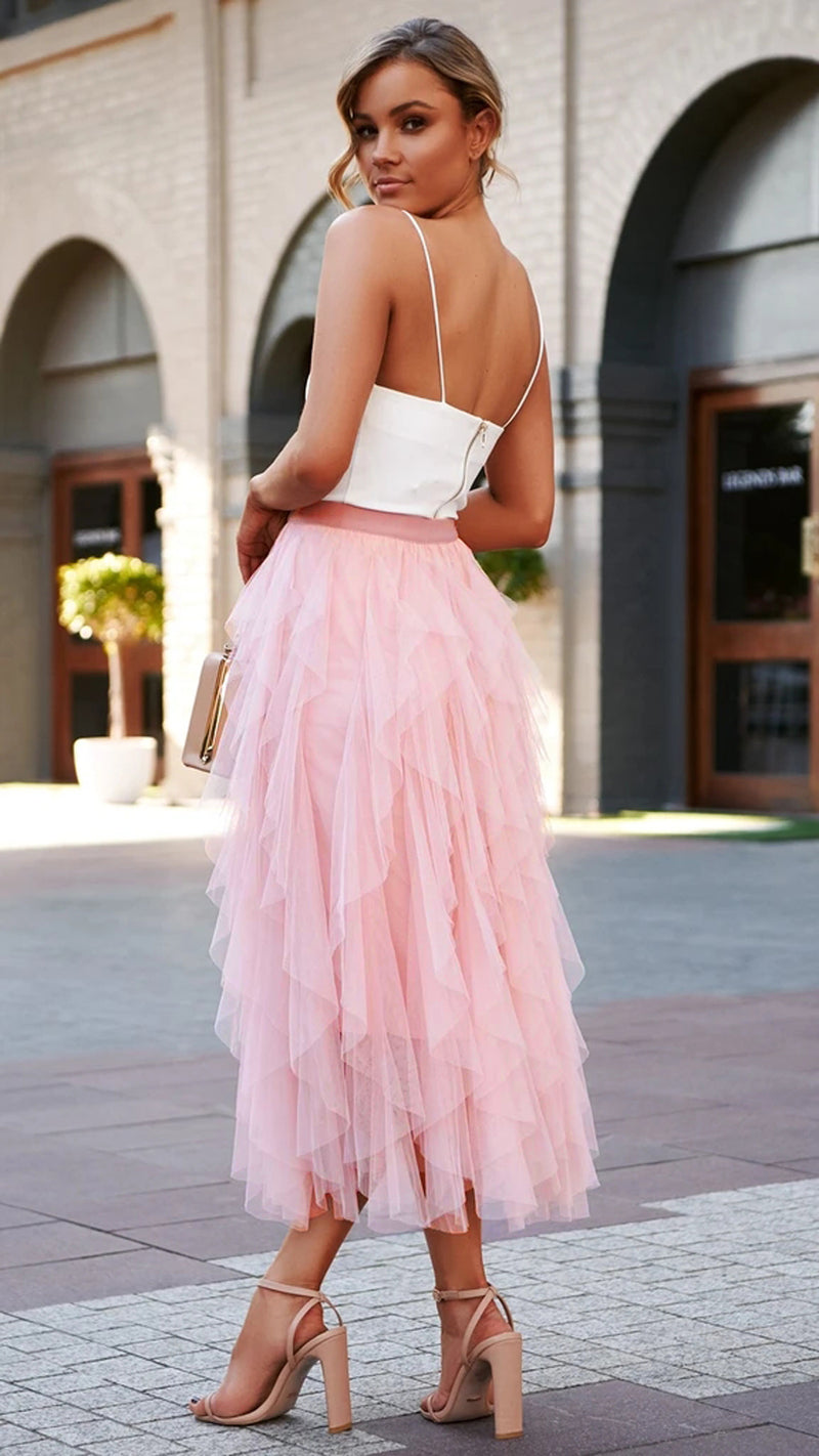 Elastic Waist Tulle Tiered Classic Long Skirt