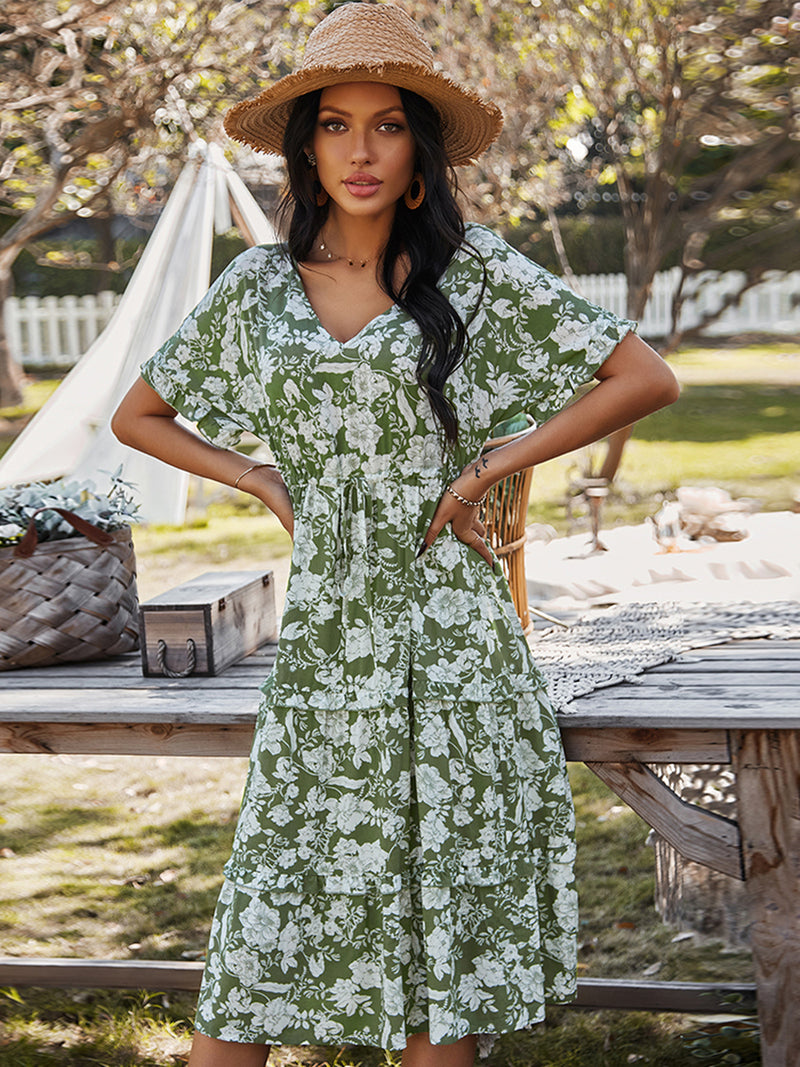 Short Sleeve Floral Midi V Neck Dress