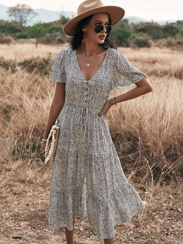 Polka Dot V Neck Side Split Button Up Midi Dress