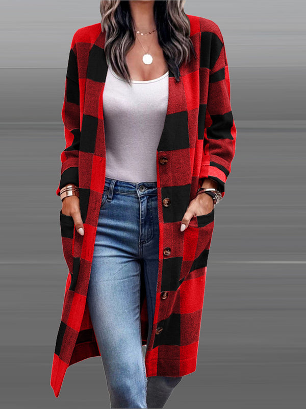 Fashion Long Sleeve Plaid Pocketed Long Cardigan