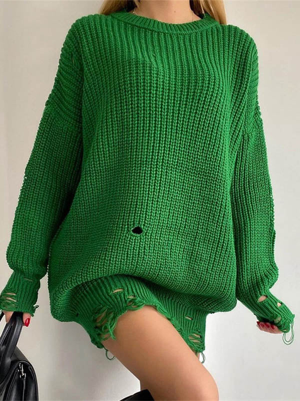 Chain Knitted Round Neck Solid Color Sweater