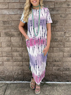 Short Sleeve Round Neck Side Split Long Dress with Pockets