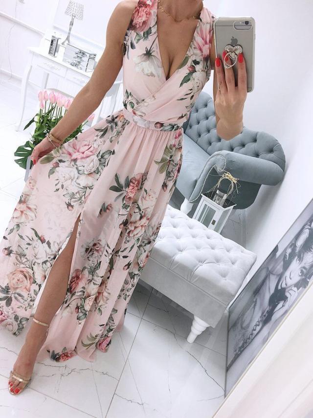 Sleeveless V Neck Side Split Tank Maxi Dress