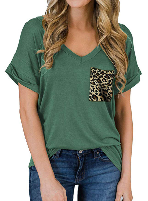 Short Sleeve V Neck Leopard Pocket T-Shirt