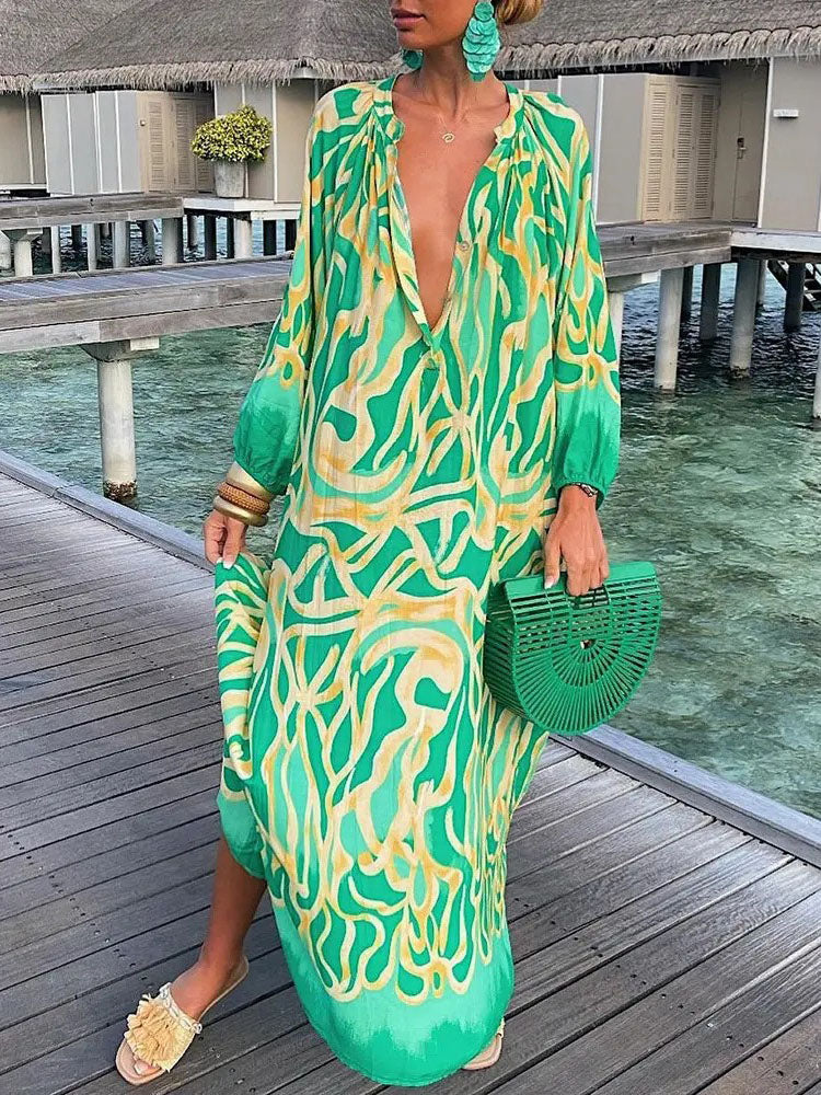 Deep V Neck Long Sleeve Color Blend Maxi Dress