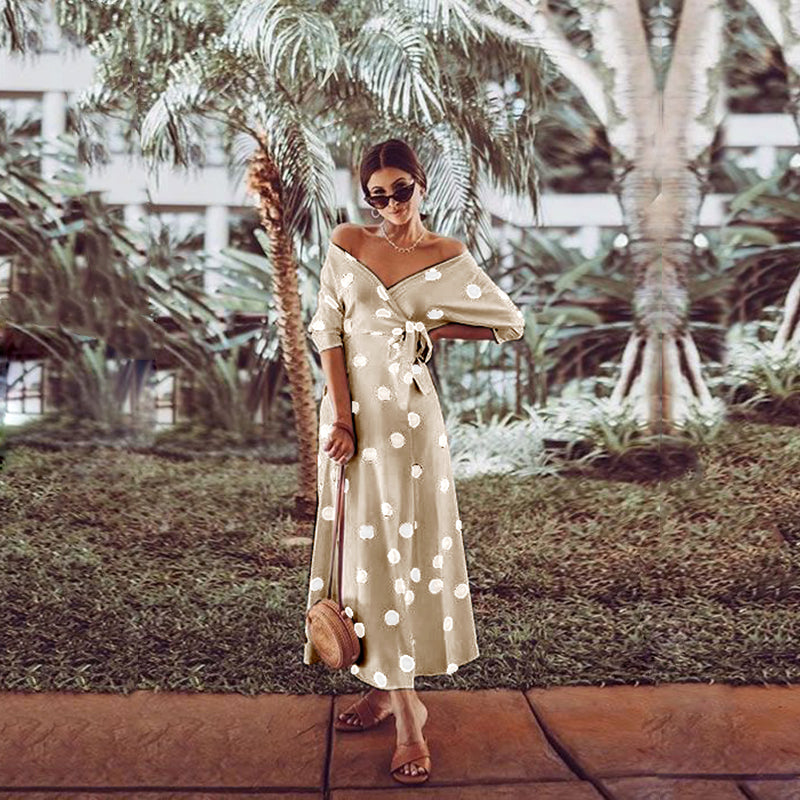 Casual Large Polka Dot V Neck Off Shoulder Maxi Dress