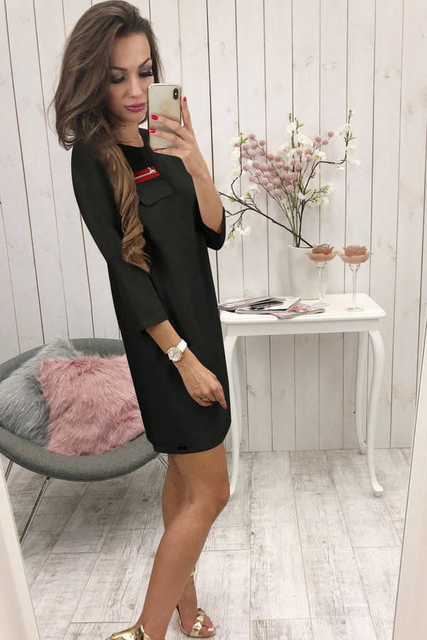 Black 3/4 Length Sleeve Plain Casual Crew Neck Mini Dress - Landing Closet