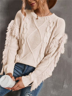 Round Neck Long Sleeve Cable Knit Design Sweater