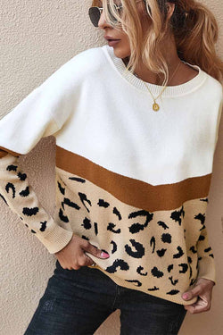 Florcoo Leopard  Splice Contrast O-neck Sweater