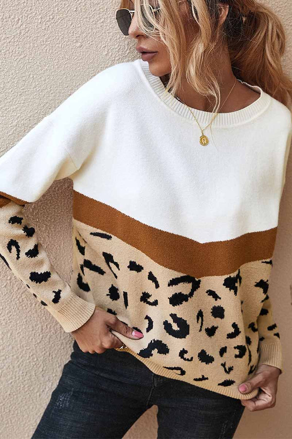 Florcoo Leopard  Splice Contrast O-neck Sweater