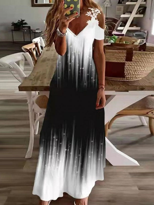 Elegant V-Neck Off Shoulder Short Sleeve Printed Maxi Dress