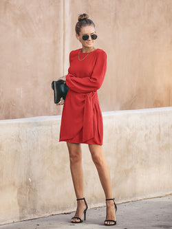 Round Neck Long Sleeves Waist Belt Mini Dress