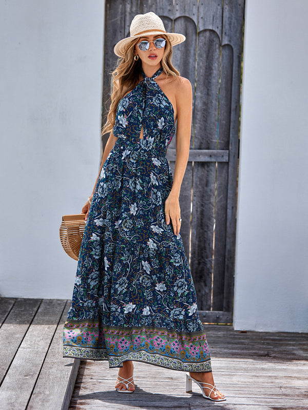 Casual Sleeveless Backless Printed Chiffon Maxi Dress