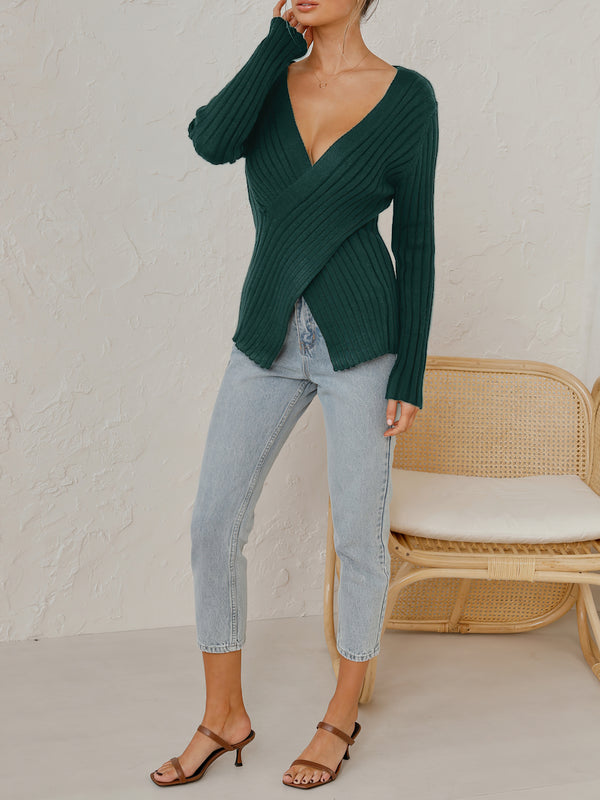 Cross V Neck Long Sleeve Knitted Sweater Top