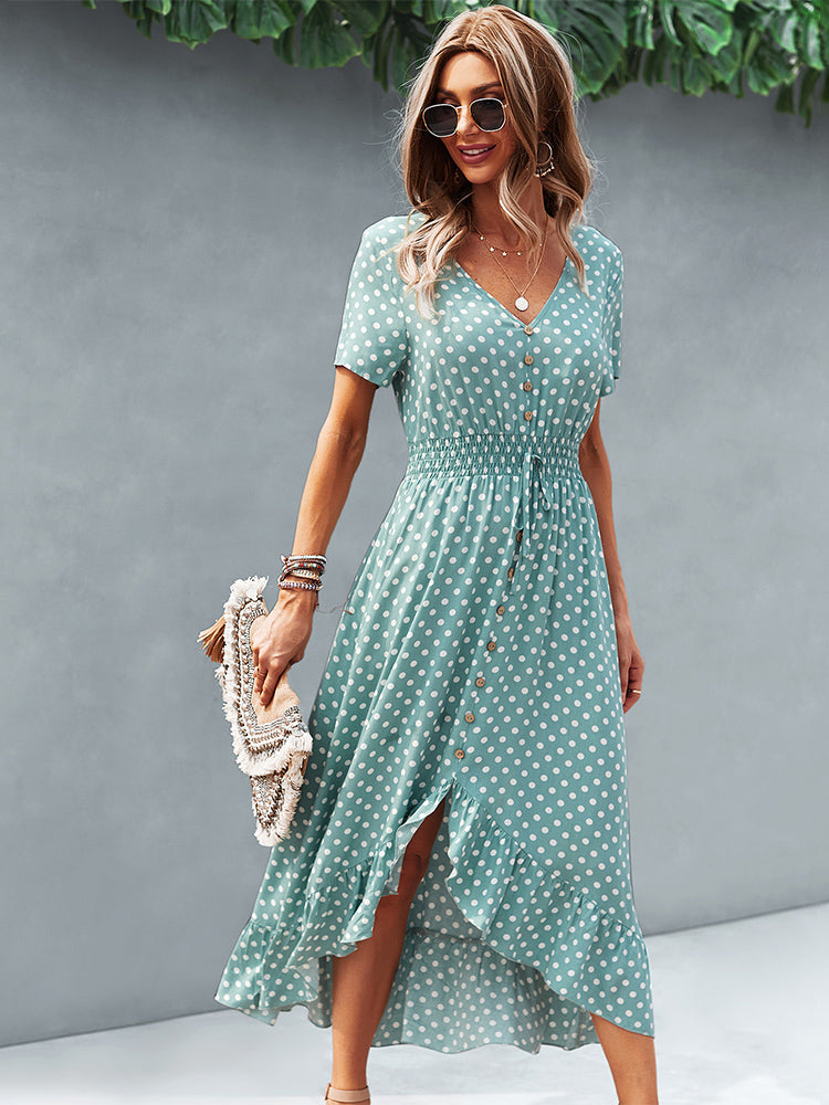 Button Down Polka Dot V Neck Short Sleeve High Low Maxi Dress