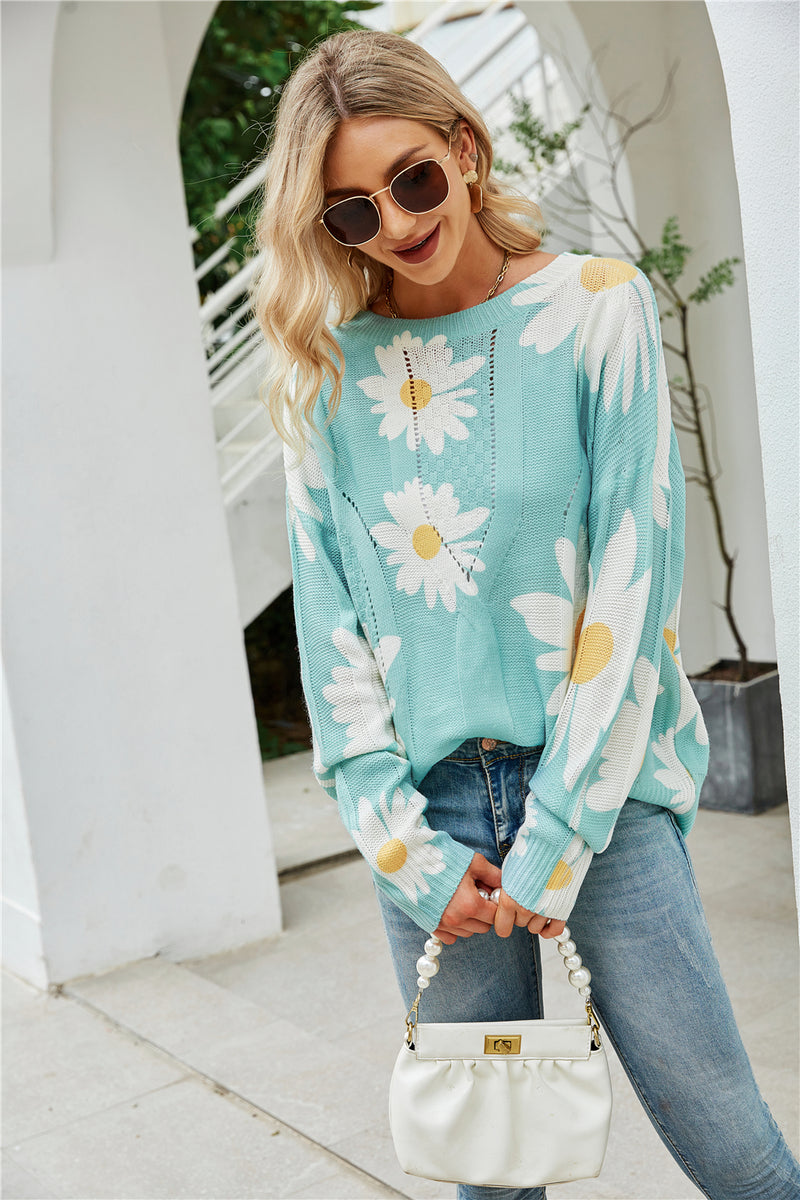 Casual Crew Neck Long Sleeve Floral Print Sweater