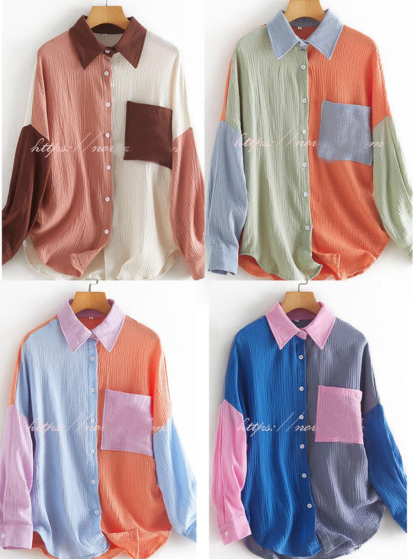 Catch Feels Cotton Colorblock Button Down Top